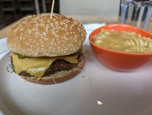 Ultimate mushroom burger and side of Mac and cheese at Veggie Grill by Next Level in Cambridge