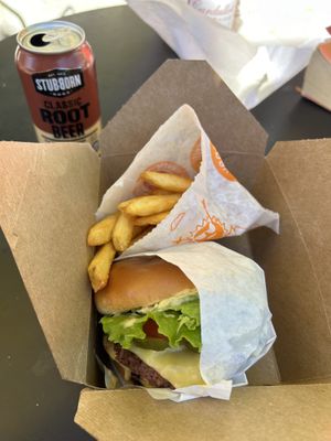 Takeout American cheeseburger and fries   at Veggie Grill by Next Level in Cambridge