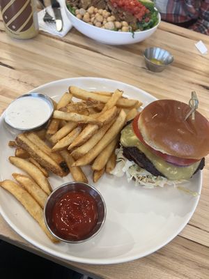 cheeseburger and friess  at Veggie Grill by Next Level in Cambridge