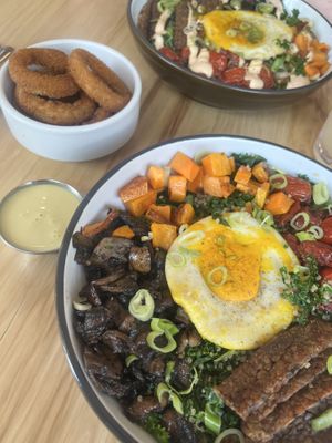 Buddha Bowl and Onion Rings with “Hunny” Mustand….rreeeaaallly good  at Next Level Veggie Grill in Cambridge