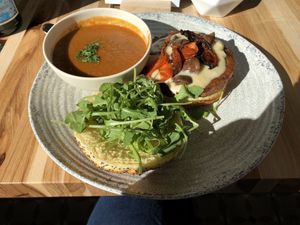 Luxe burger with side lentil soup  at Veggie Grill by Next Level in Cambridge