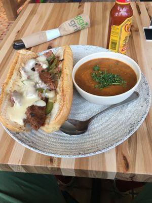 Beyond meat steak sub with side of soup at Veggie Grill by Next Level in Cambridge