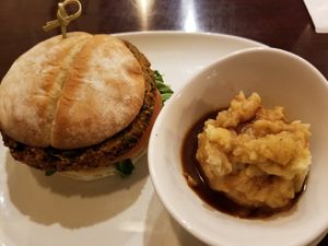 Sweet potato, black bean burger with a side of garlic mashed potatoes at Rosemary in Albuquerque