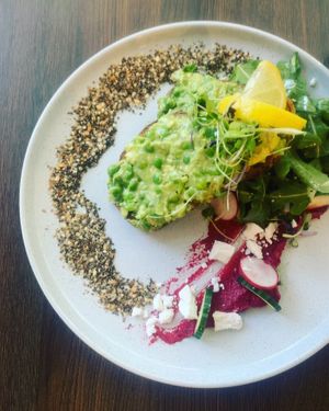 Nurture by Greens  - smashed arvo and green peas  at Zen Den in Mooloolaba