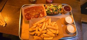 Plain fries, curry sausage, avocado salad and vegan sauces at Frittenwerk - Kettwiger Straße in Essen