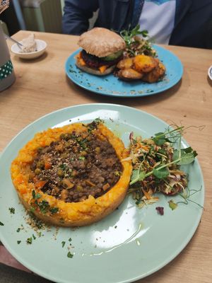 Lentil cottage pie & beetroot and walnut burger at Simple Goodness in Penrith
