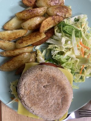 BBQ beetroot and walnut burger with potatoes and salad  at Simple Goodness in Penrith