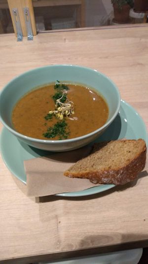 Lentil Soup with roasted vegetables and vegan soda bread at Simple Goodness in Penrith
