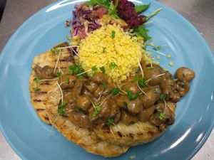 Celeriac steak with mushroom ragu and bulgur at Simple Goodness in Penrith