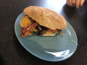 Hummus and roast vegetable sandwich  at Simple Goodness in Penrith