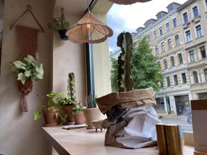 Blick von drinnen nach draußen at Roots in Leipzig