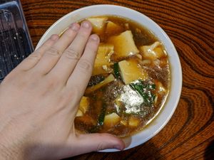 Vegan tofu garlic soup. 800, +100 for extra noodles (underneath) at Fukutora in Yamanochi