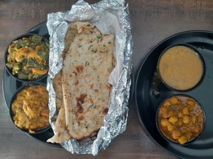 Garlic nan, okra, dahl, chana masala, brinjal. at JH Lovely Sweets in Johor Bahru