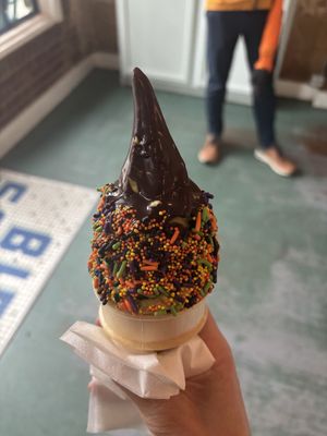 Vegan matcha soft serve with a chocolate hard shell and sprinkles    at Big Softie in Atlanta