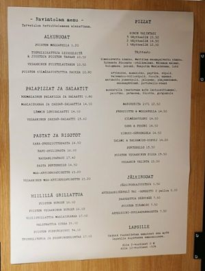 Menu at Ravintola Puisto in Tampere