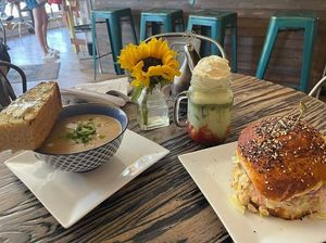 Corn chowder, chickpea "tuna" sandwich, and an iced strawberry matcha latte at The Baklava Lady in English Town