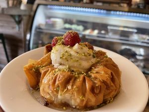 Ricotta birds nest with raspberries   at The Baklava Lady in English Town