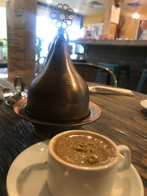 Turkish coffee with oatmilk and pistachios at The Baklava Lady in English Town
