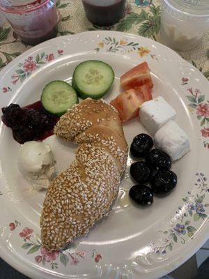 Simit with homemade vegan butter, jam, olives, and homemade vegan feta style cheese  at The Baklava Lady in English Town