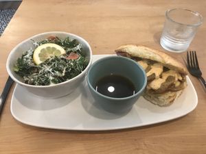 French dip with kale Caesar salad  at Down 2 Earth in Langley