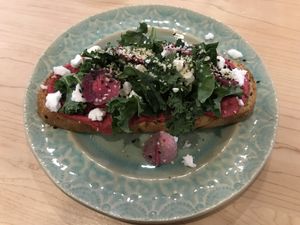 Beet hummus sourdough toast  at Down 2 Earth in Langley