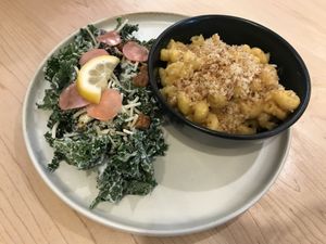 Mac and cheese and kale Caesar  at Down 2 Earth in Langley