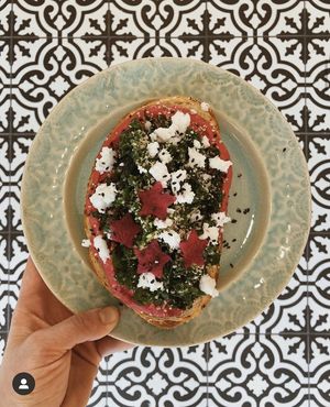 Beet Hummus on Sourdough with Kale and Vegan Feta at Down 2 Earth in Langley