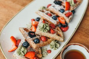 Spelt waffles and fresh berries! at Down 2 Earth in Langley