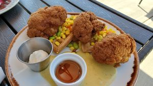 Cauliflower on waffles. Yum! at Down 2 Earth in Langley