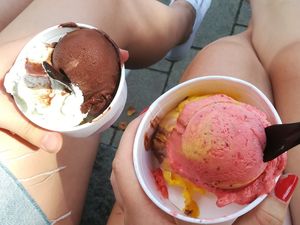 Lemon and Belgian chocolate (left-hand side) and Indian mango and strawberry (right-hand side)  at Eismanufaktur Soest in Soest