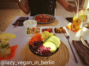 Buda bowll, stir fry, morrocan triple salad,. Orange and lime mojitos at Aicha Kitchen in Marrakech