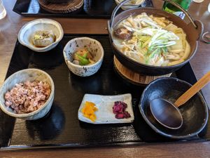 The whole set with the delicious soup at Momijitei-Hoto in Fujikawaguchiko