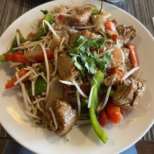 pad kee mao (spicy noodle - very spicy!) ordered vegan with mock meatt  at Charm Thai Kitchen in San Diego
