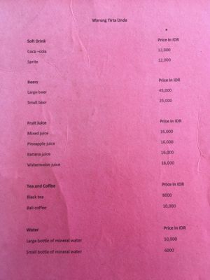 Drinks menu  at Tirta Unda in Sidemen
