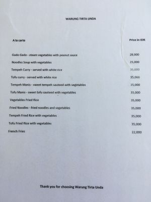 Vegan menu  at Tirta Unda in Sidemen