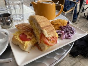 Vegan cheese and tomato panini with vegan slaw and crisps at Barkers Cafe Bar in Helmsley