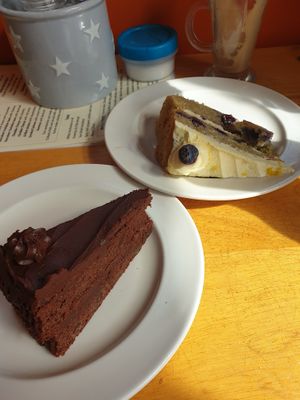 Chocolate fudge cake and lemon & blueberry cake at Barkers Cafe Bar in Helmsley
