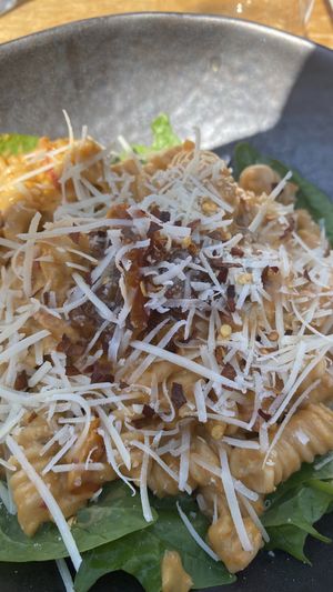 Creamy tomato pasta with vegan Parmesan  at Greens & Co in Galway