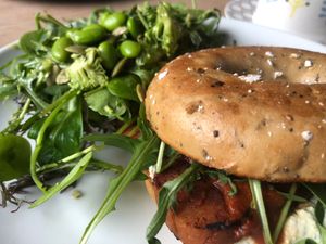 Vegan cream cheese and seitan bacon bagel at Greens & Co in Galway