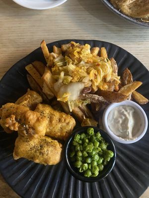 Tofu fish & chips w kimchi fries  at Greens & Co in Galway