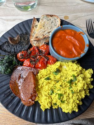 Vegan plate breakfast with extra tofu scramble and bbq seitan.  Delicious! at Greens & Co in Galway