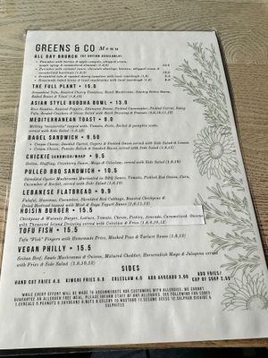 menu as of sept 2023 at Greens & Co in Galway
