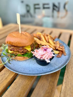 Double homemade vegan burger with vegan cheese  at Greens & Co in Galway