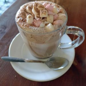 Hot chocolate with cream and marshmallows at Greens & Co in Galway