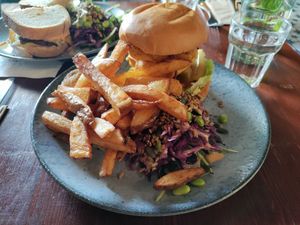 Delicious and HUGE vish burger with side salad at Greens & Co in Galway