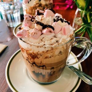 Hot chocolate with vegan whipped cream and vegan marshmallows   at Greens & Co in Galway