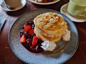 Pancakes with berries at Greens & Co in Galway
