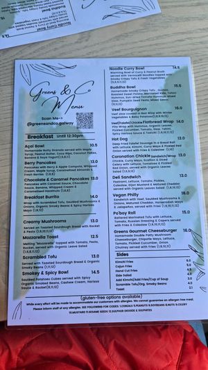 Menu at Greens & Co in Galway