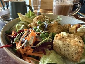 Vish bowl, hot chocolate, corn soup   at Greens & Co in Galway