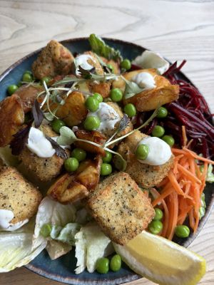 Vish and Smashed Potato Caesar Salad Bowl  at Greens & Co in Galway